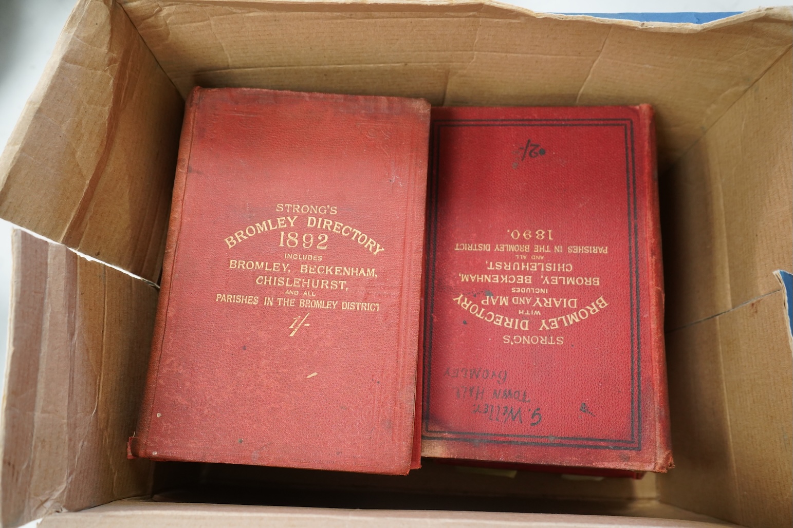 Bromley Directories - Strong's Bromley Directory ... original gilt cloth, for 1890, 1892, 1898, 1900 (with folded map) and 1905 (with folded map); sold with Kelly's Directory of Bromley ... original gilt cloth, for 1891